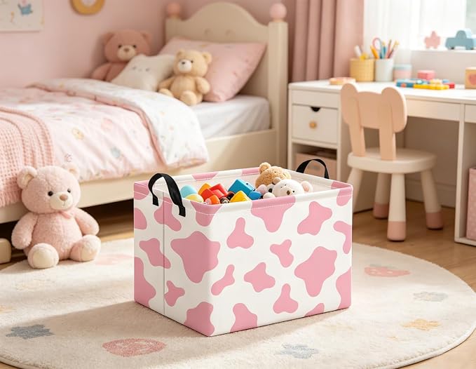 Rectangular Baby Kids Storage Basket for Home Kitchen Girls Cute Toy Storage Bin Organizer Shelf Book Room Decor(Pink Cow)