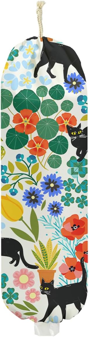 Garden Cat Plastic Bag Holder, Flower Wall Mount Plastic Bag Holders for Grocery Bags, Reusable Grocery Bags Storage Dispenser for Home Kitchen Pantry Decor, Cat Lover Gifts for Women, 22.5x9 Inch