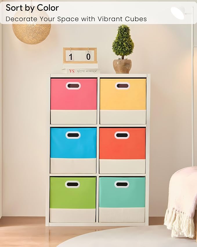 Cube Storage Bins | Storage Baskets with Dual Handles | Ultra-Fine Fabric Organizer for Shelf, Wadrobe | 13x13x13 Cube Insert Drawer | 6 Pack, Macaron & Cream White, 13x13x13 In