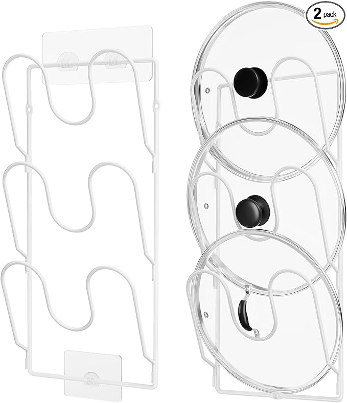 ORDORA 2 Pack Pot Lid Organizer Rack for Cabinet Door, 6-Tier Pot Lid Holders inside Cabinet, No Drilling Adhesive Wall Door Mounted Rustproof Pots and Pans Cover Organizers for Kitchen Storage, White