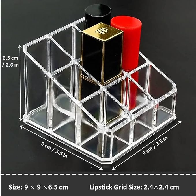 Acrylic Makeup Organizer Cosmetic Storage Display Case Makeup Brush Holder Organizer Lipstick Dispenser Canister Bathroom Container (3.5 x 3.5 x 2.6 in, 9 Partitions, Transparent)