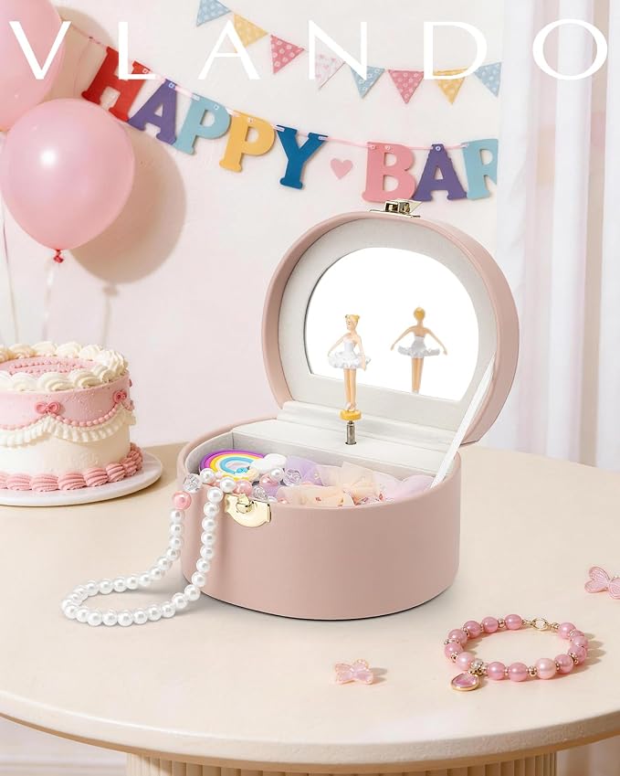 Vlando Musical Jewelry Box for Girls, Small Kid Music Box with Ballerina for Birthday Bedroom Decor, Gifts for Girls Kids - Pink