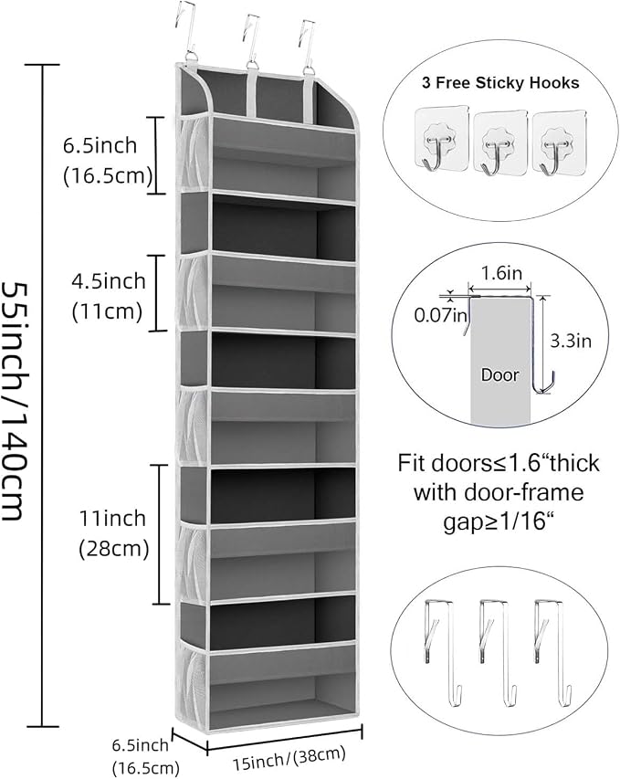 TAHAVICE 2 Pack Over the Door Storage Organizer, 5 Large & 10 Mesh Pockets | Hanging Storage Organizer with 40lb Capacity and Door Storage Space Saving for Bedroom,Bathroom,Nursery,Babyroom(Dark Gray)