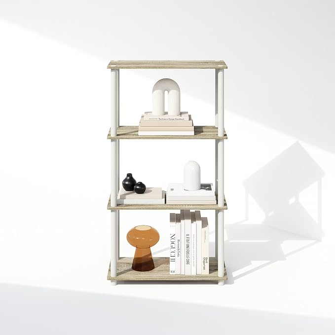 Furinno Turn-N-Tube Book Shelf, 4-Tier Bookshelf, Bookcase with Multipurpose Compact Display Rack, 11.6 x 23.6 x 43.2, for Living Room, Bedroom, Home Office, Sonoma Oak/White