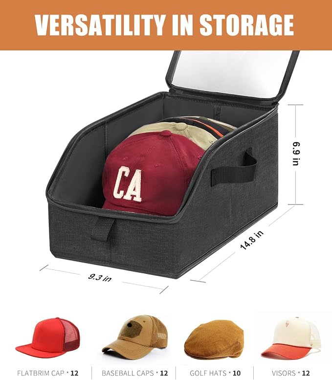 Livelab Hat Organizer for Baseball Caps, Hat Storage Box, Black | 1Pcs | Clear Window, Space Saving and Easy to Store