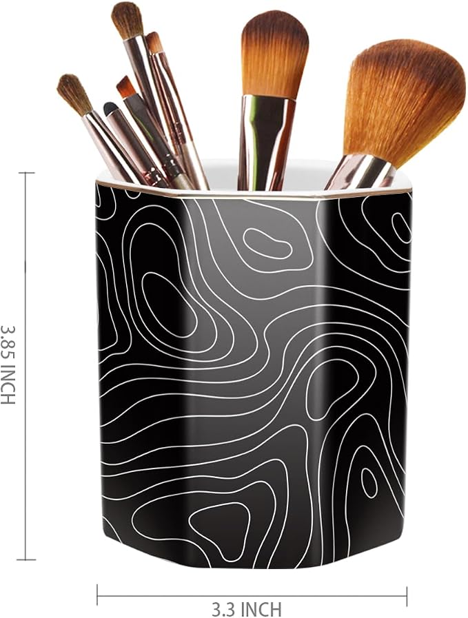 Black Pen Holder, Pencil Cup for Desk, Cute Desk Organizer, Durable Ceramic Decorative Makeup Brush Desktop Accessories, Stylish Stationery for Office, Home, Abstract Pattern