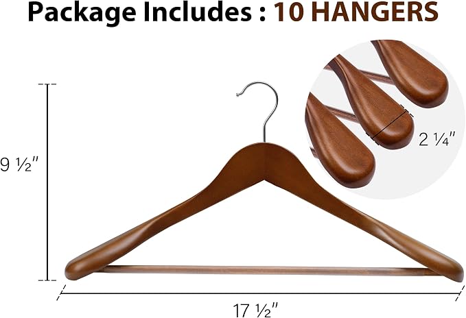 StorageWorks Wooden Hangers 10 Pack, Extra Wide Shoulder Wood Coat Hanger for Coats, Shirts, Jackets, Pants, Suits, Light Walnut Color