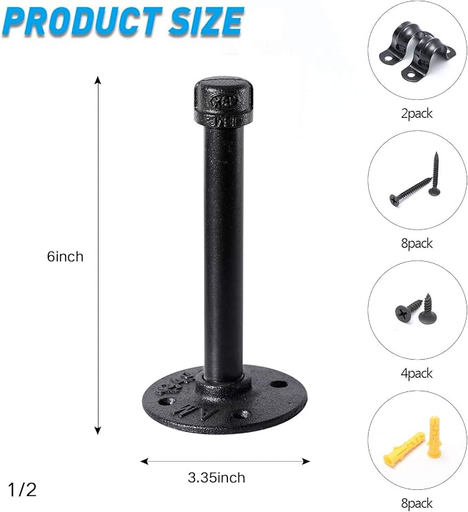 1/2" Industrial Black Iron Pipe Shelf Brackets, Rustic Wall Mounted DIY Shelving Bracket Hanging Custom Pipe Brackets for Floating Shelves (6 Inch, Piece, 2.0)