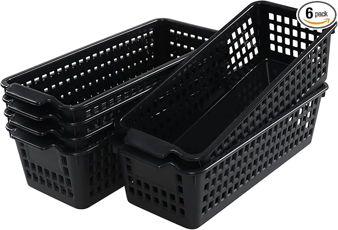 Plastic Slim Storag Basket, 6 Packs Small Organizer Basket Bins, Black