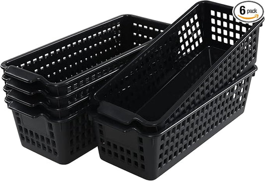 Plastic Slim Storag Basket, 6 Packs Small Organizer Basket Bins, Black