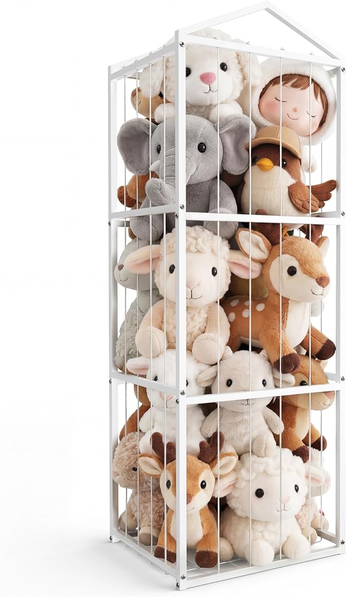 NomNest Stuffed Animal Storage Zoo, Large Metal Plushies Organizer, Heavy Duty Metal Teddy Bear Toy Holder for Kids' Bedroom & Playroom & Nursery (Non-Wheeled, White)