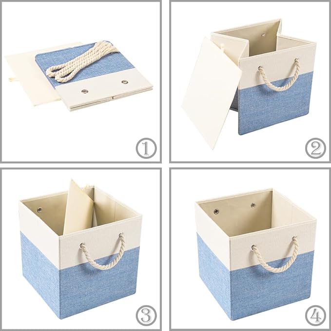 PRANDOM Large Foldable Cube Storage Bins 11x11 inch [4-Pack] Fabric Linen Storage Baskets Cubes Drawer with Cotton Handles Organizer for Shelves Nursery Closet Bedroom Beige/Blue