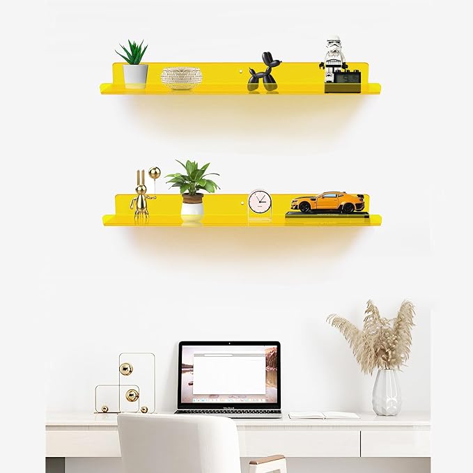 ROYALITA 2-Pack Acrylic Shelves Wall Mounted, 24 Inch Floating Shelves | for Small Items Plants Organize Wall Shelves for Gaming Room, Bedroom, Living Room, Office, Yellow