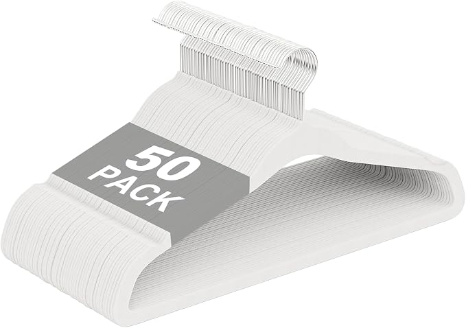 Velvet Hangers 50 Pack, Non Slip Clothes Hangers with Shoulder Notches, Slim Felt Hanger with 360° Swivel Hook, Space-Saving, Heavy Duty, for Coat, Shirt, Pants, Dress, Suits, White