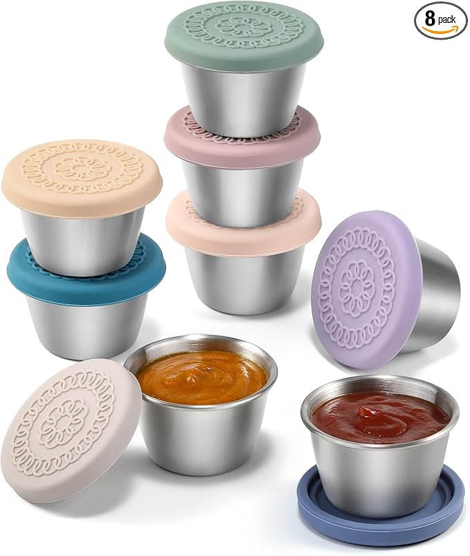 [8 Pack] Salad Dressing Container To Go, 2.4oz Small Condiment Containers with Leakproof Silicone Lids, Reusable Stainless Steel Sauce Cups for Lunch Bento Box, Picnic and Travel