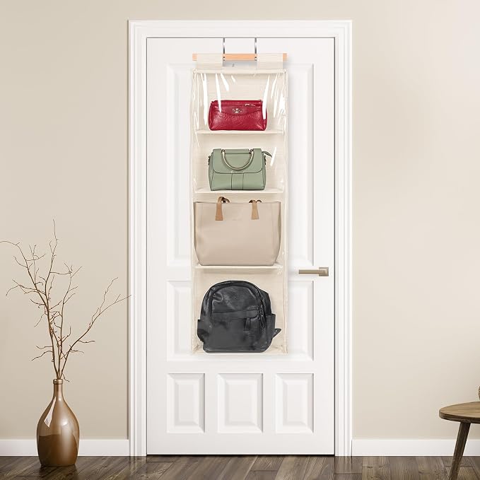 Syeeiex Over The Door Purse Organizer with Zippers, 4 Mesh Shelves,Clear Slubbed Fabric+PVC Hanging Closet Bag Organizer, Dustproof Handbag Closet Tote Storage Bag for Door, Wardrobe, Beige