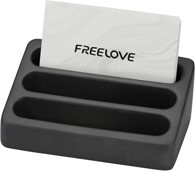 FREELOVE Desktop Card Holder, Concrete, Handmade, 3 Stair 3 Slots, Fits 30-50 Business Cards, Stone Weighted, Smooth Finish, Eva Base, Office Desk Organizer (Black, Small)