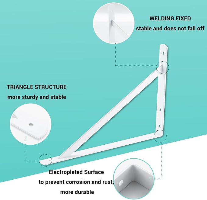 HOME MASTER HARDWARE 16x10 inch Heavy Duty Shelf Brackets, White Metal Wall Mounted Supports for Shelves, L Shaped Shelf Angle Bracket for Floating Shelves, 4 Pack