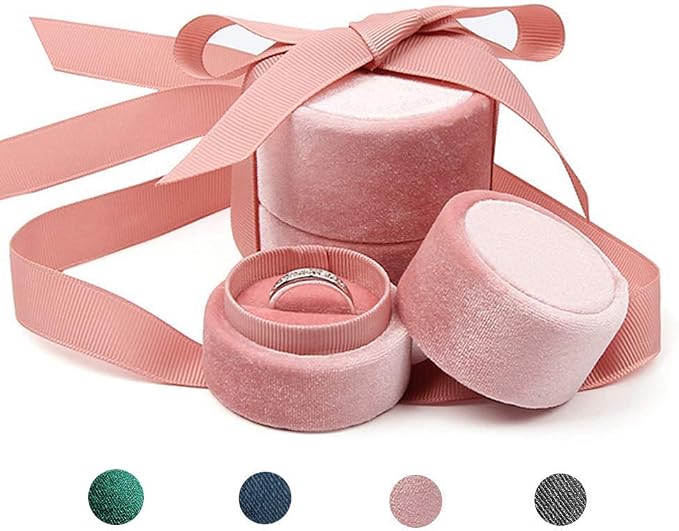 Velvet Ring Box - Gorgeous Round Wedding Ring Box with Elegant Ribbon Bow Vintage Jewelry Holder Gift Organizer for Proposal, Engagement, Ceremony, Photography (Pink Small)