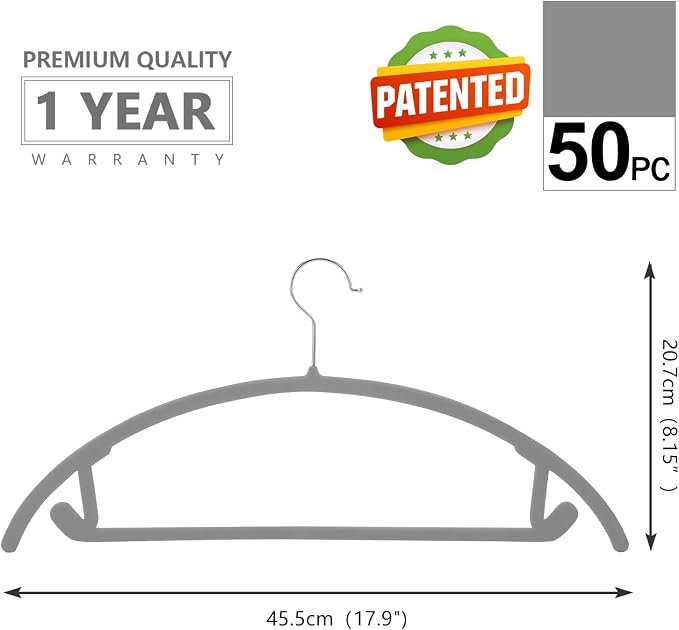 MIZGI Premium Velvet Hangers 50 Pack Heavyduty- Non Slip No Shoulder Bump Suit Hanger - Chrome Hooks,Space Saving Clothes Rounded Shape for Coat,Sweater,Jackets,Pants