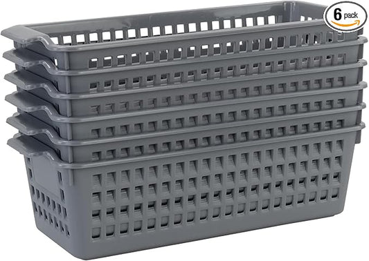 Slim Storage Basket Bins, 6 Pack Grey Plastic Baskets