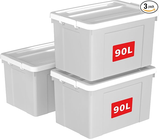 Cetomo Lidded Storage Bin with Handle, Tote Organizing Container with Wheels, Lid and Secure Latching Buckles, Stackable and Nestable, Plastic, 95 Quart-3 Pack, Gray