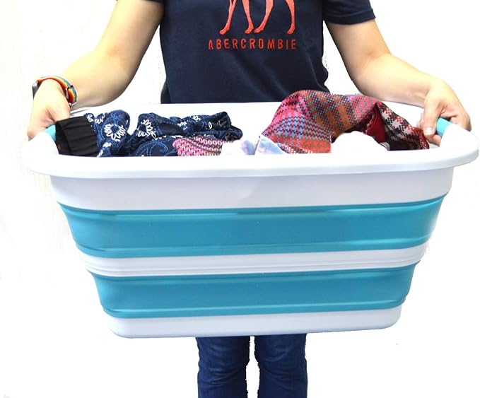 SAMMART 41L(10.8 gallon) Collapsible Plastic Laundry Basket-Foldable Pop Up Storage Container-Portable Washing Tub-Space Saving Basket,Water capacity 31L(8.2 gallon) (1, Bright Blue)