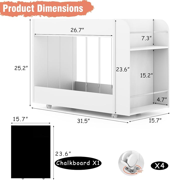 3-in-1 Toy Storage Box with Bookshelf and Chalkboard, Large Stuffed Animal Toy Chest on Wheels, Kids Toy Storage Organizer Bin for Kids Room, Nursery & Playroom, for Kids, White