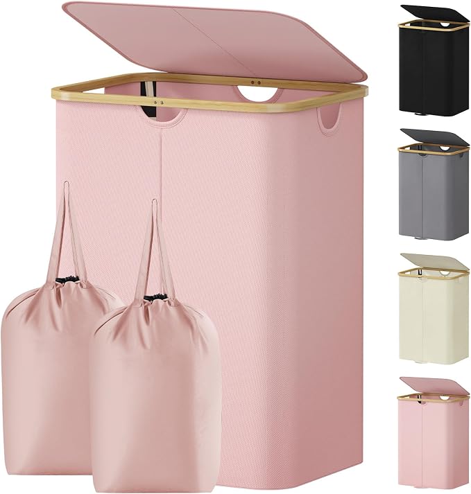 Lifewit 150L Double Laundry Hamper with Lid, Large Laundry Basket with Removable Bag & Bamboo Handles, Fodable Tall Dirty Clothes Hamper for Laundry Collapsible Bin for Bathroom Bedroom Dorm, Pink