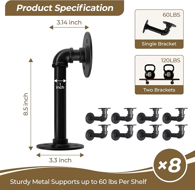 Industrial L Pipe Shelf Brackets for 9-18 in Depth Wood Heavy-Duty 3/4" Iron,Wall Mount Floating Shelf Bracket L Metal Pipe Shelving Brackets for Wood-Black DIY Pipe Shelves(8.5*3.1 Inch 8 Pack)