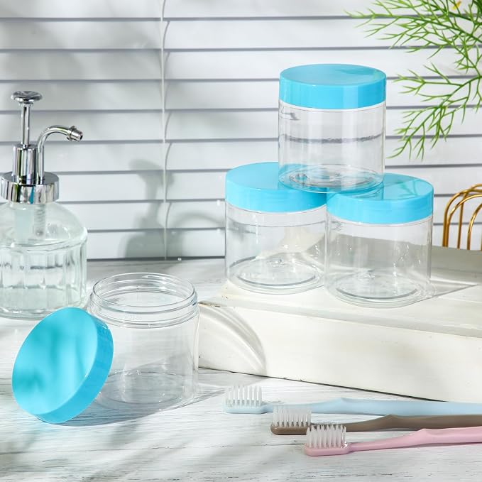 SATINIOR 12 Pack 10 oz Plastic Container Jars with Lids Round Clear Travel Cosmetic Container Slime Jars for Toiletries, Lotion, Cream, Ointments, Makeup, Rhinestone, Samples, Kitchen Storage(Blue)