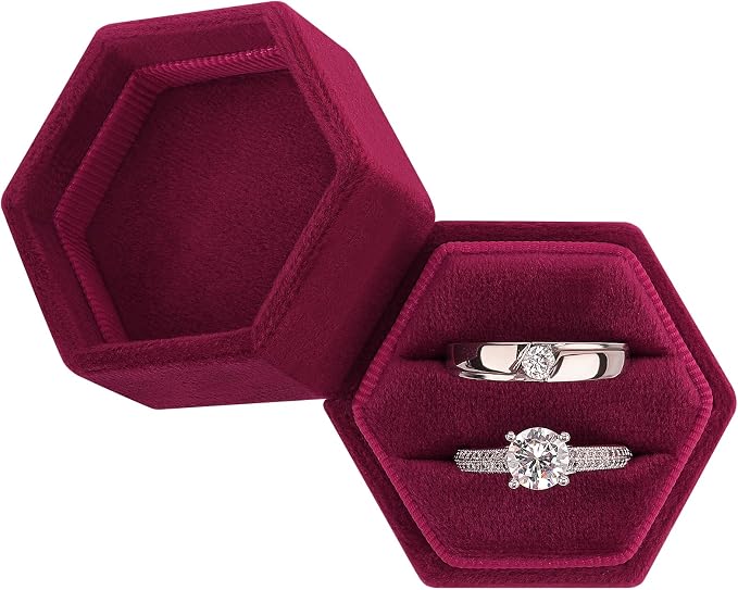 DesignSter Velvet Ring Box Hexagon - Premium Gorgeous Vintage Double Ring Display Holder with Detachable Lid for Proposal, Engagement, Wedding, Ceremony (Burgundy Red)