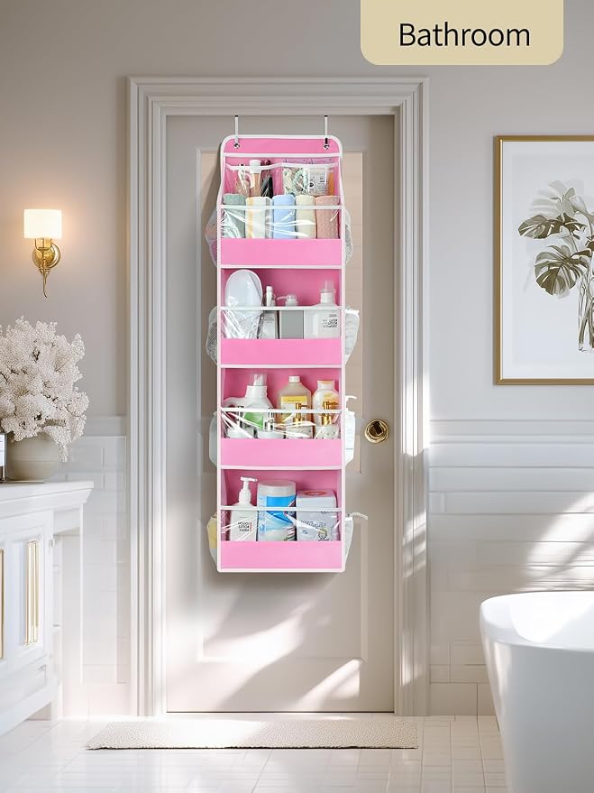 Yecaye 5 Tier Over the Door Organizer, Swing-proof Door Organizer Hanging with Clear PVC Windows, Behind the Door Storage for Bedroom Nursery Closet Laundry Pantry Bathroom, Pink