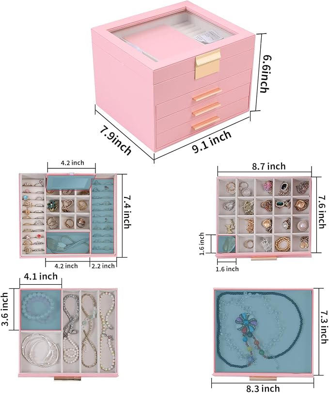 BOOVO Clear Lid Jewelry Box,3 Layers Jewelry Organizer Large Jewelry Storage Box with 2 Drawers,Jewelry Holder Organzier of Rings Earrings Necklace Bracelets for Women (Pink, 4 Layer)