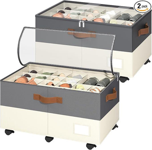 Shoe Organizer for Closet, 2 Pack Shoe Storage Organizer with Wheels and Adjustable Dividers, Shoe Storage Box with Clear Cover, Foldable Closet Shoe Organizer Fits up to 24-48 Pairs, Gray and Beige