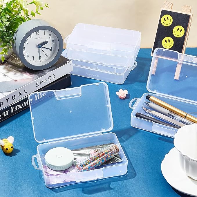 BENECREAT 4 Pack 5.5x3.35x1.5 Large Clear Plastic Box Container Clear Storage Organizer with Hinged Lid for Small Craft Accessories Office Supplies Clips