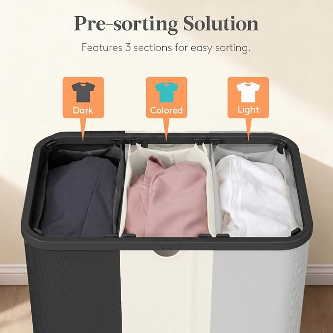 Lifewit 185L 3 Section Laundry Hamper with Lid, Large Laundry Basket with Handles and Removable Bags, Tall Clothes Hamper, Foldable Laundry Sorter for Bedroom Bathroom, Black, Gray, and White