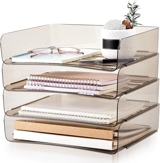 Harloon 4 Tier Clear Gray Acrylic Paper Organizer Letter Tray, Aesthetic Stackable Desk File Organizer Holder Office Tray for A4, Modern Home Office File Pad Books Notes, 13 x 9.8 x 3 Inches