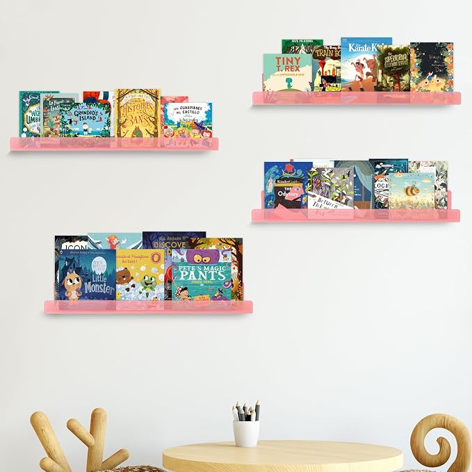 Dezzer 4 Pack Acrylic Shelves for Wall, 15" Acrylic Floating Shelves for Bathroom Bedroom, Invisible Bookshelf Wall Ledge Storage Shelf Books Perfume Toys Action Figure Display Shelves, Pink
