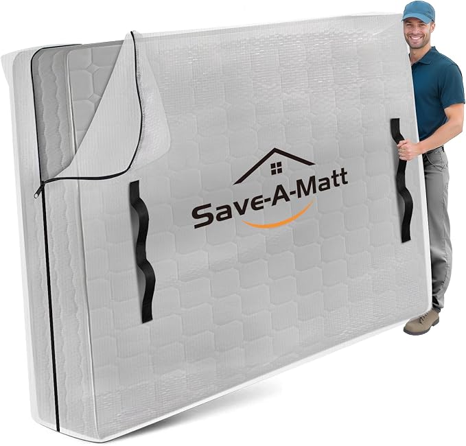 SaveAMatt Mattress Bags for Moving -Extra Thick Queen Mattress Storage Bag, 8 Strong Handles & Reinforced Stitching, Waterproof Reusable Clear Mattress Cover Protector (82’’x63’’x15’’ Queen Size)