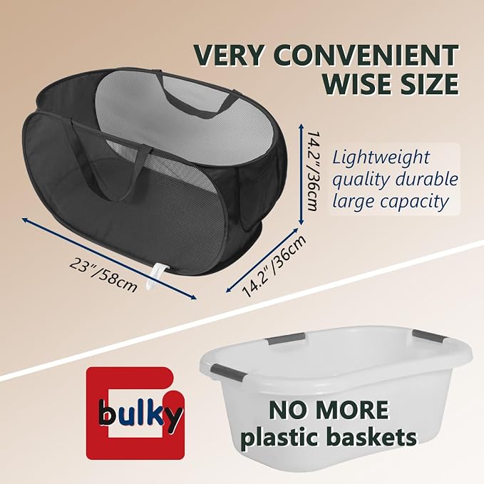 Pop Up Laundry Hamper,Collapsible Horizontal Baskets with Handles & Side Pocket,Foldable Sturdy mesh for Laundry Room,Bathroom,Kids Room,College Dorm or Travel (Black)