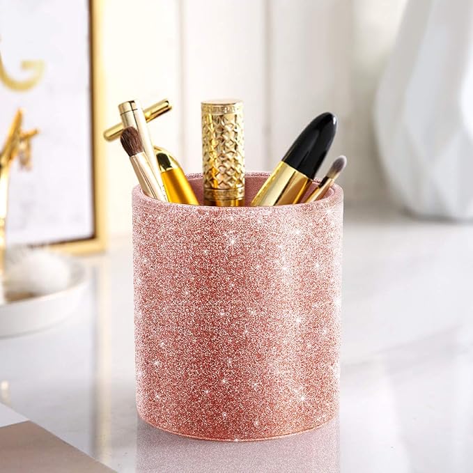 Pen Holder for Desk, Pencil Cup Pink Glitter Bling for Women Girls, Luxury Makeup Brush Holder Large Pu Leather Multi-Functional Organizer Cup for Office, Classroom, Home, Rose Gold