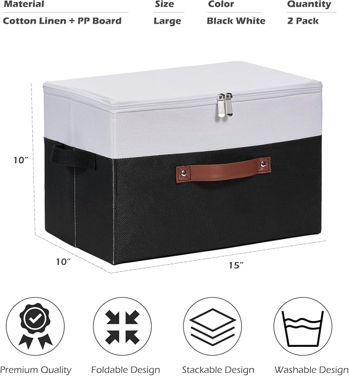 2 Pack Storage Boxes with Zipper Lid Cotton Linen Fabric Lidded Storage Bins Baskets Foldable Washable Closet Shelf Clothes Organizer Container Faux Leather Handles (Black White, Large)
