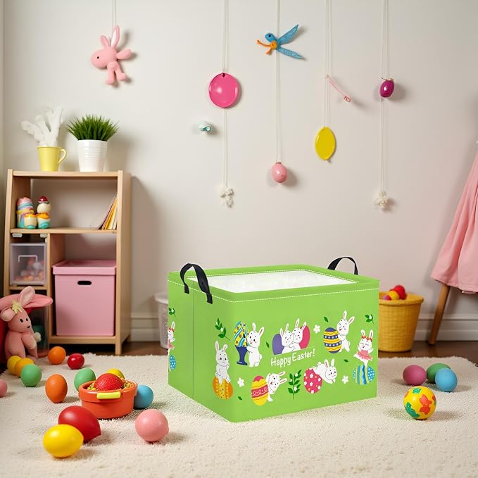 Rectangular Easter Basket Easter Gift Basket for Kids Baby Storage Basket Cute Toy Storage Bin Organizer Shelf Book Basket Easter Room Decor(Green Easter Basket)