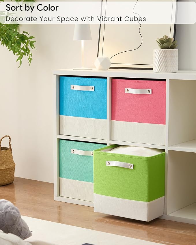 Cube Storage Bins | 13"x15"x13", Macaron & White, 4 Pack | Multi-Size | 2X Thick Support Board | Vegan Leather Handles | 7.7 oz/yd² Fabric | Drawer Insert Basket Fits KALLAX