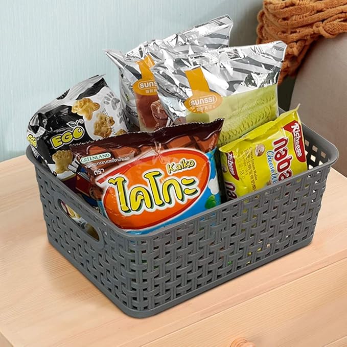 Mixed Color Rectangle Storage Baskets, Plastic Weave Shelf Baskets, 6 Packs
