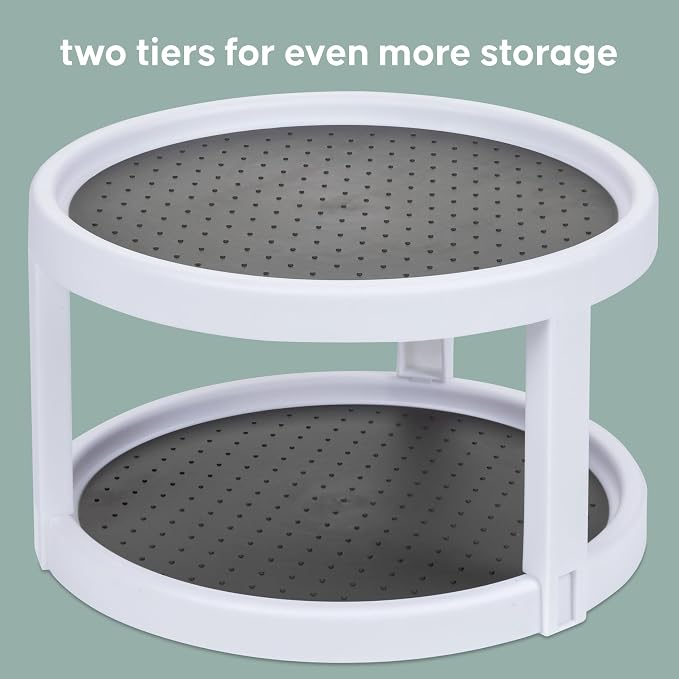 Kitchen Spaces Two-Tier Lazy Susan Organizer, Cabinet Turntable Shelf Storage for Kitchen and Pantry Items, Great for Spices or Condiments, Non-Skid, Sturdy with Full Spin, White