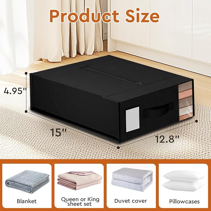 StorageTastic 4 Pack Bed Sheet Closet Organizers and Storage,Sturdy Foldable Storage Containers with Window and Label,Storage and Organization for Bedding Sheets,Duvet Covers,Blankets (Black)