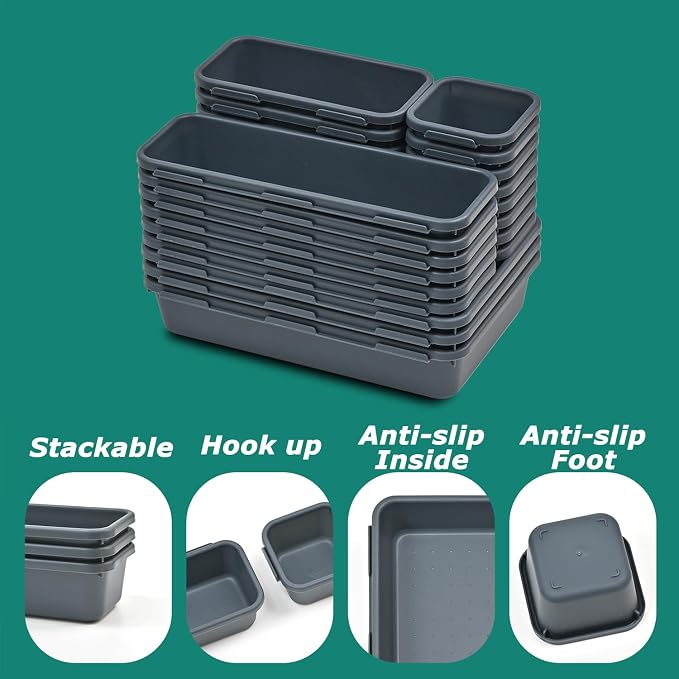 BOPART 25PCS Drawer Organizer Set, Interlockting Desk Drawer Storage Bins Trays for Organizing Cosmetics Jewelries or Gadgets at Office, Bathroom Vanity or Garage Junk Drawer Organization
