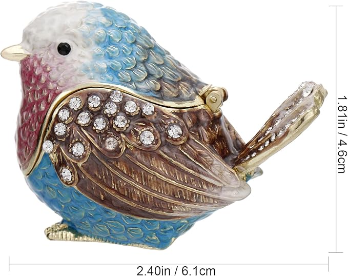 Hand Painted Enamel Robin Bird Trinket Box for Home Decor, Hinged Jewelry Organizer for Ring Earrings, Unique Figurine Keepsake Collectible Personalized Elegant Handmade Ornament Gifts (Blue Sparrow)